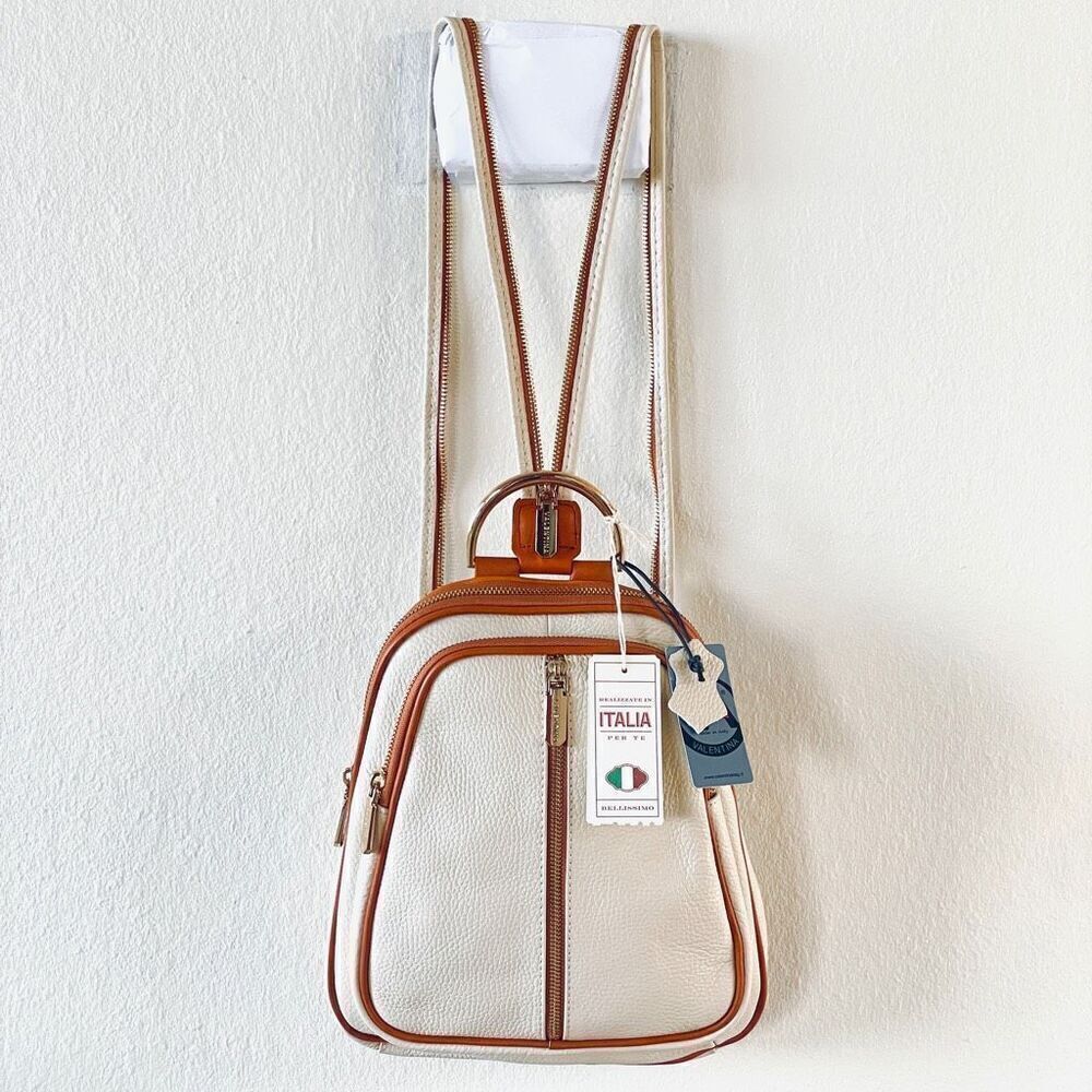 NWT Valentina Genuine Ivory & Tan Pebble Italian Leather Convertible Backpack